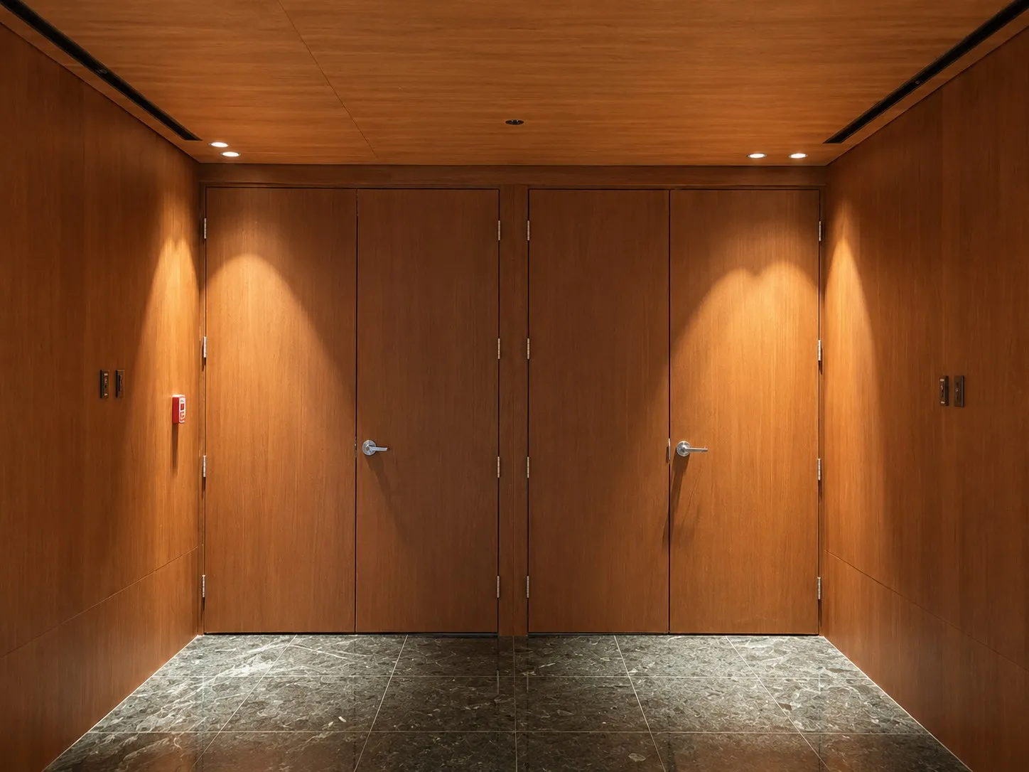 Puertas de madera instaladas a paño con el lambrín del muro