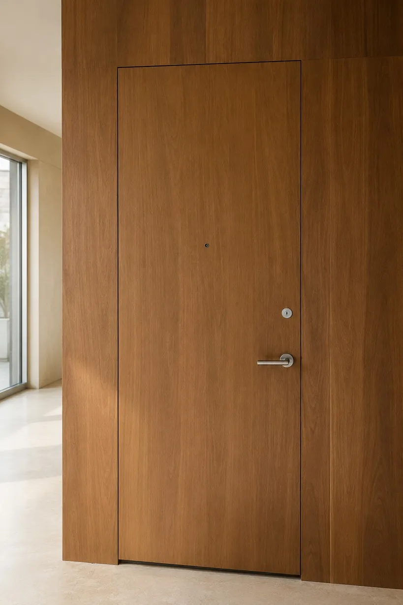 Puerta integrada en un muro revestido de madera